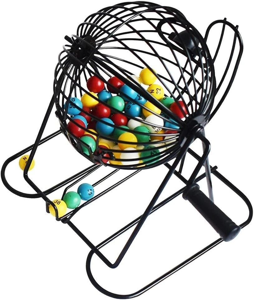 Bingo Game Set - Metal Cage, 75 Colored Balls, 100 Cards, 500 Mixed Chips