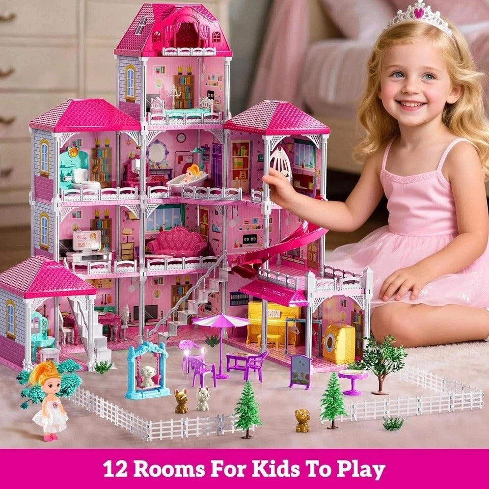 Villa Playset for Girls Ages 3-7, 4-Story 12 Room House with 2 Dolls, Furniture