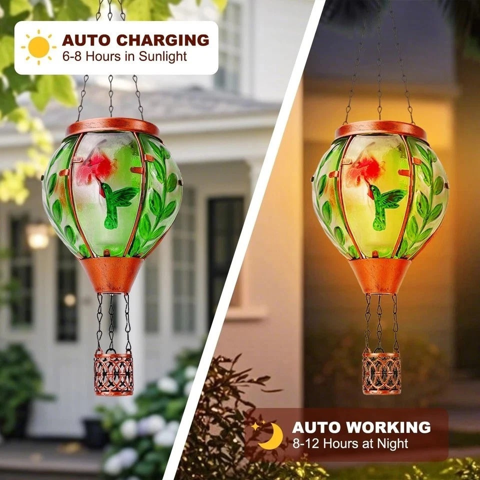 Hummingbird Solar Hot Air Balloon Lantern,Outdoor Decor with Flame Lights Waterp