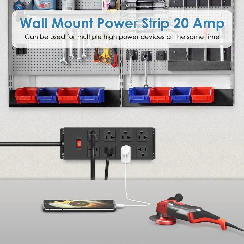 Heavy Duty 20 Amp Power Strip Garage 8 Outlets Metal 12 Gauge Surge Protector...