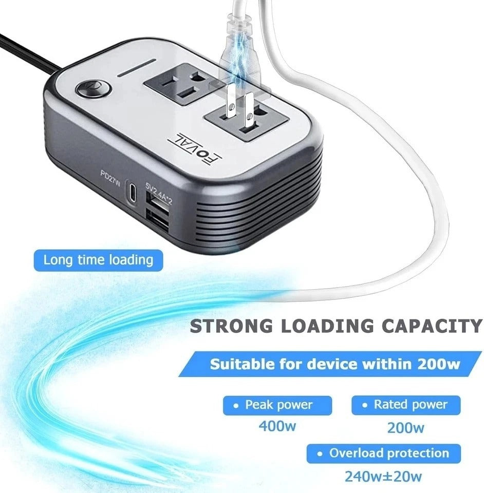 FOVAL 200W Car Power Inverter, DC 12V to 110V AC Car Laptop Charger Fast Charger