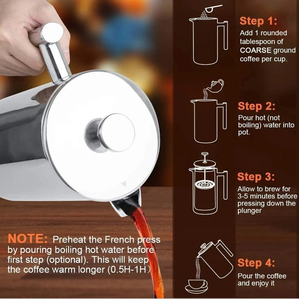 French Press Coffee Maker, 304 Grade Stainless Steel Insulated Coffee Press with