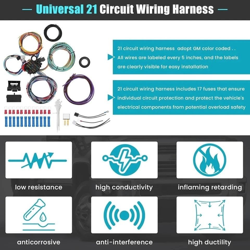 Universal 21 Circuit Wiring Harness Kit, Universal Extra Long Wire 21 Circuit Wi