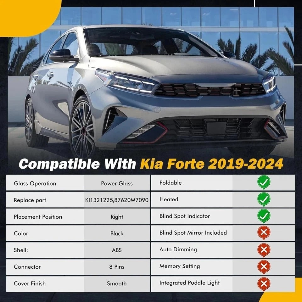 Side Mirror Compatible with KIA Forte 2019 2020 2021 2022 2023 2024, W/Blind Spo