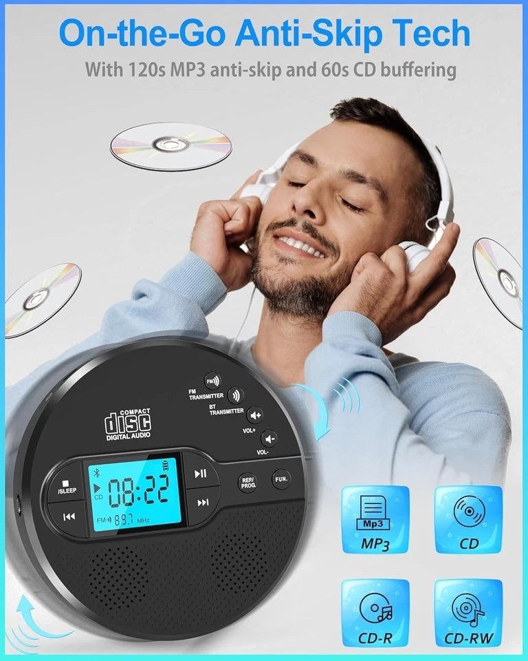 Rechargeable Personal Small Portable CD Player for Car with Bluetooth Headphones