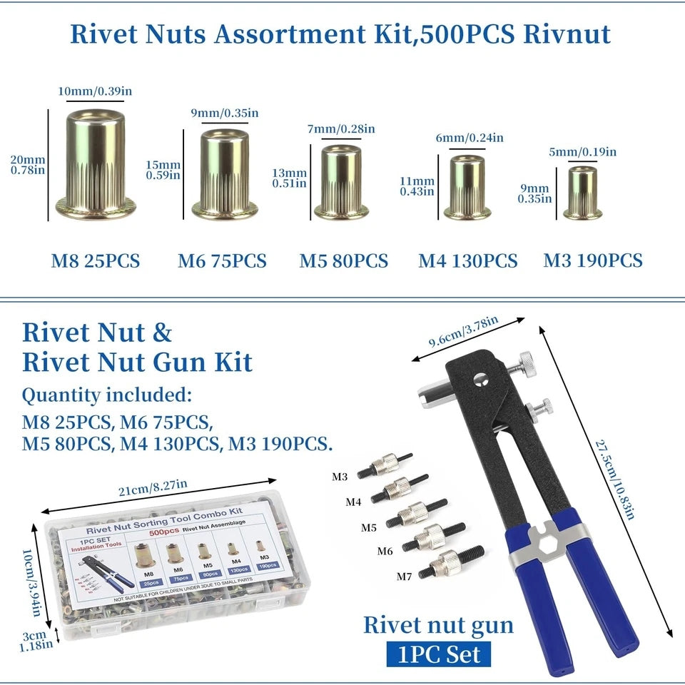 Rivet nut Tool kit,rivnut Tool,500Pcs Metric Rivet Nut Combination (M3/M4/M5/...