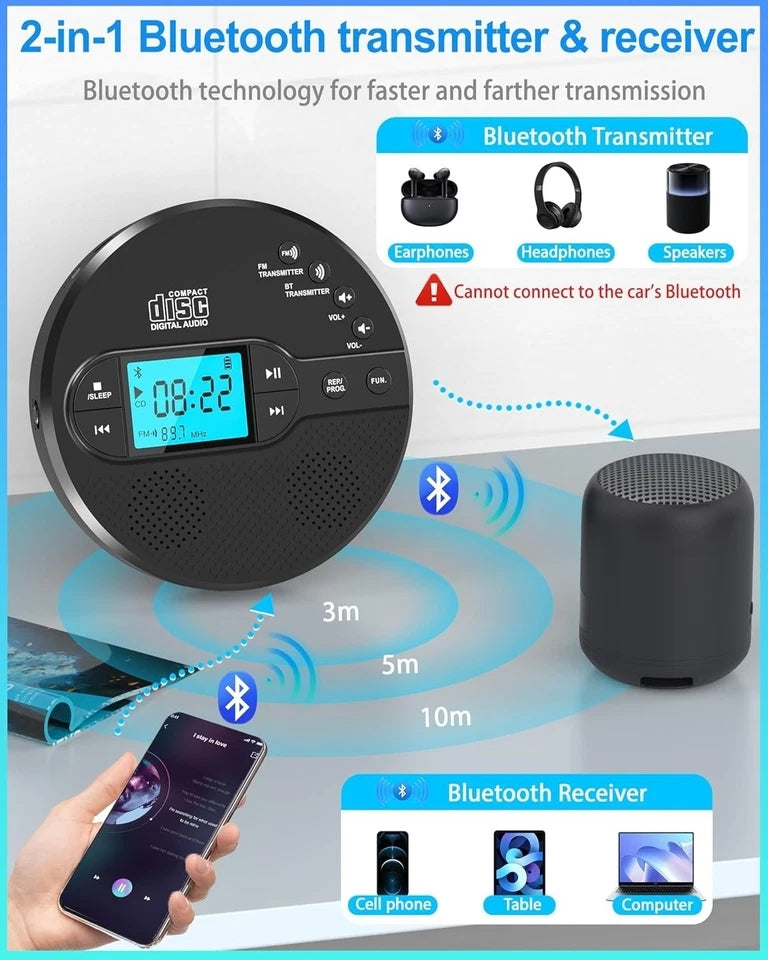 Rechargeable Personal Small Portable CD Player for Car with Bluetooth Headphones