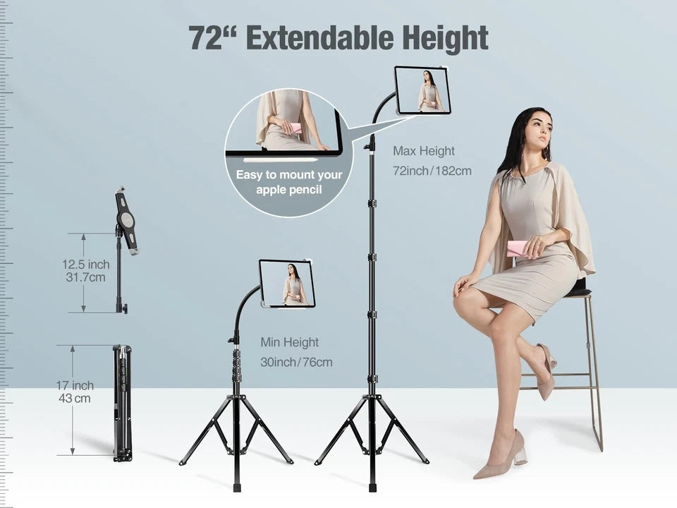 Floor Ipad Pro Stand 70" Gooseneck Tripod Stand For Ipad Pro 12.9 Inch Heavy Dut