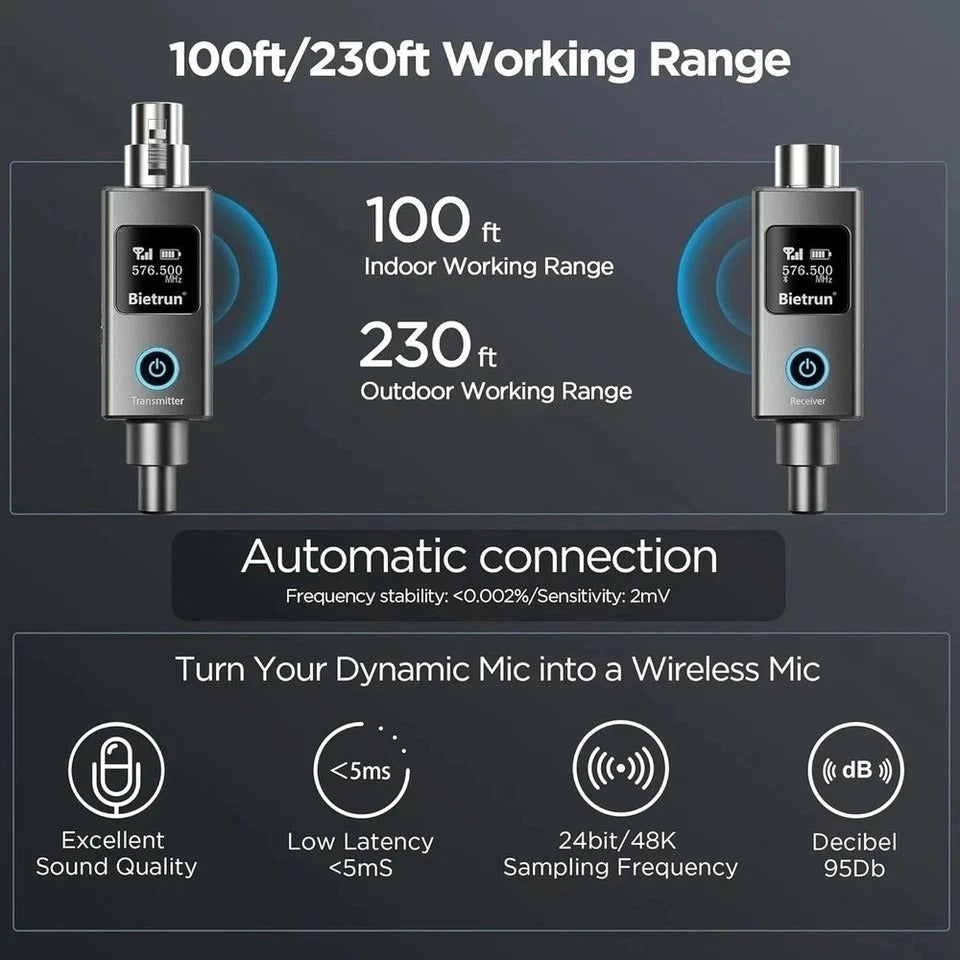 Wireless XLR Transmitter Receiver Mic Adapter 230ft UHF 30Ch w/ Bluetooth