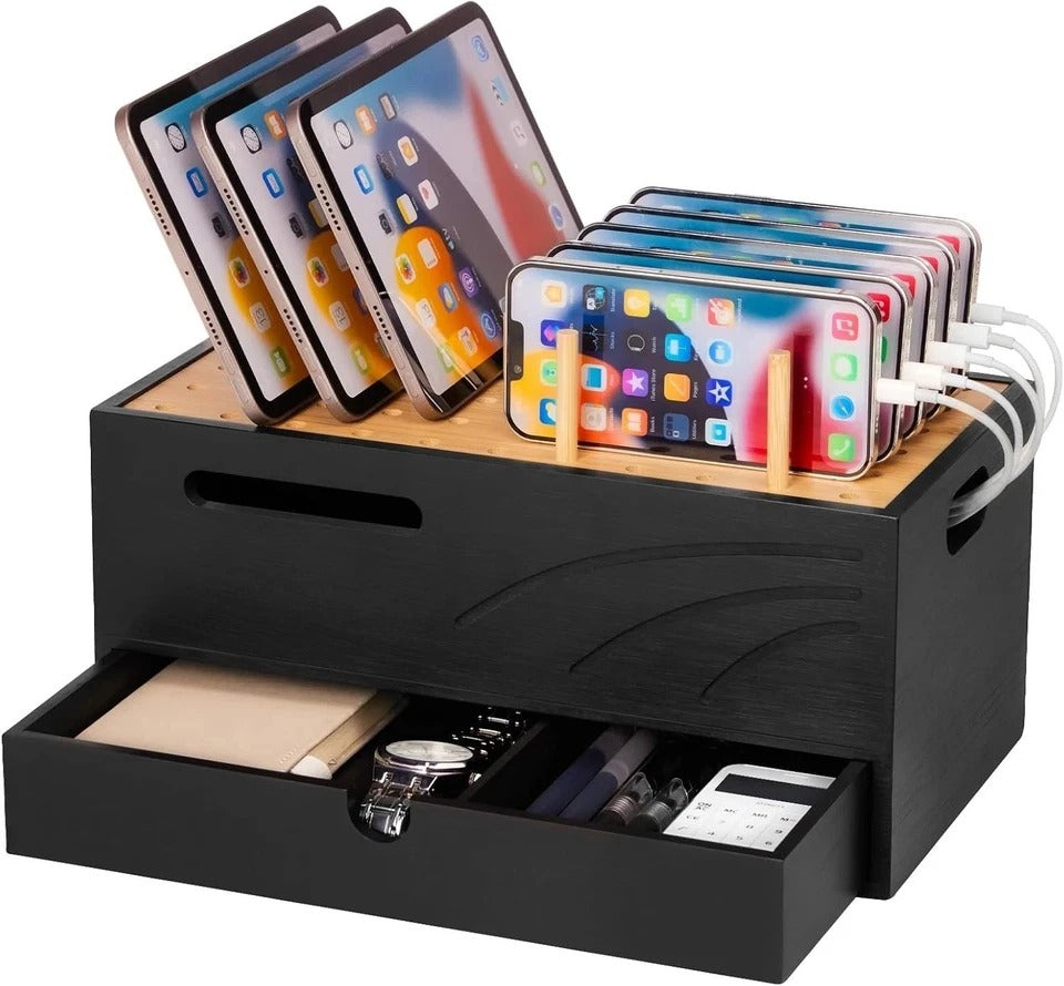 Bamboo Charging Station for Multiple Devices, Charger Organizer Desk Docking Sta
