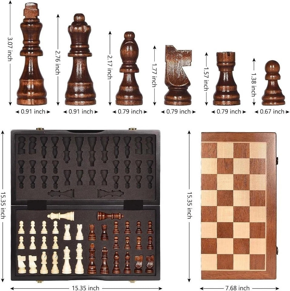 15" Magnetic Wooden Folding Chess Set w/ Storage Slots & Extra Queens