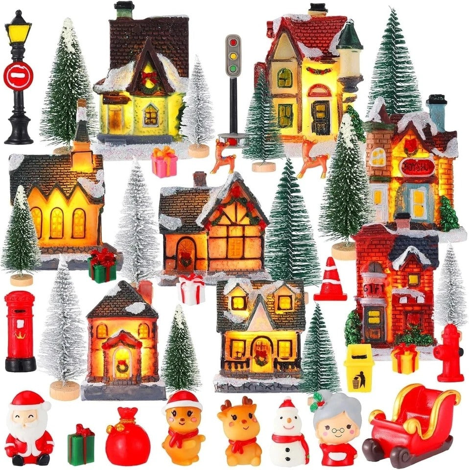 40 Pcs Christmas Village Sets Christmas Village Houses LED Holiday Village Fi...