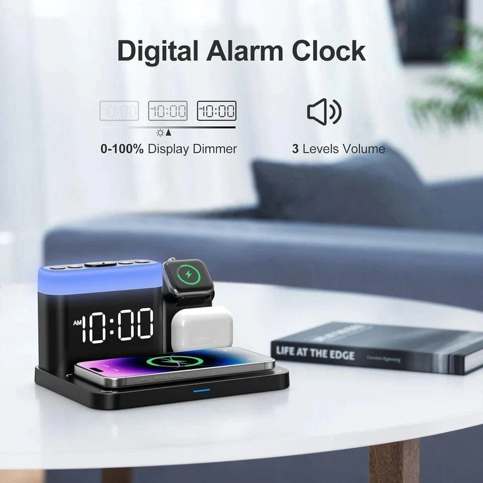 5-in-1 Wireless Charging Station with Alarm Clock & Night Light for iPhone & Wat