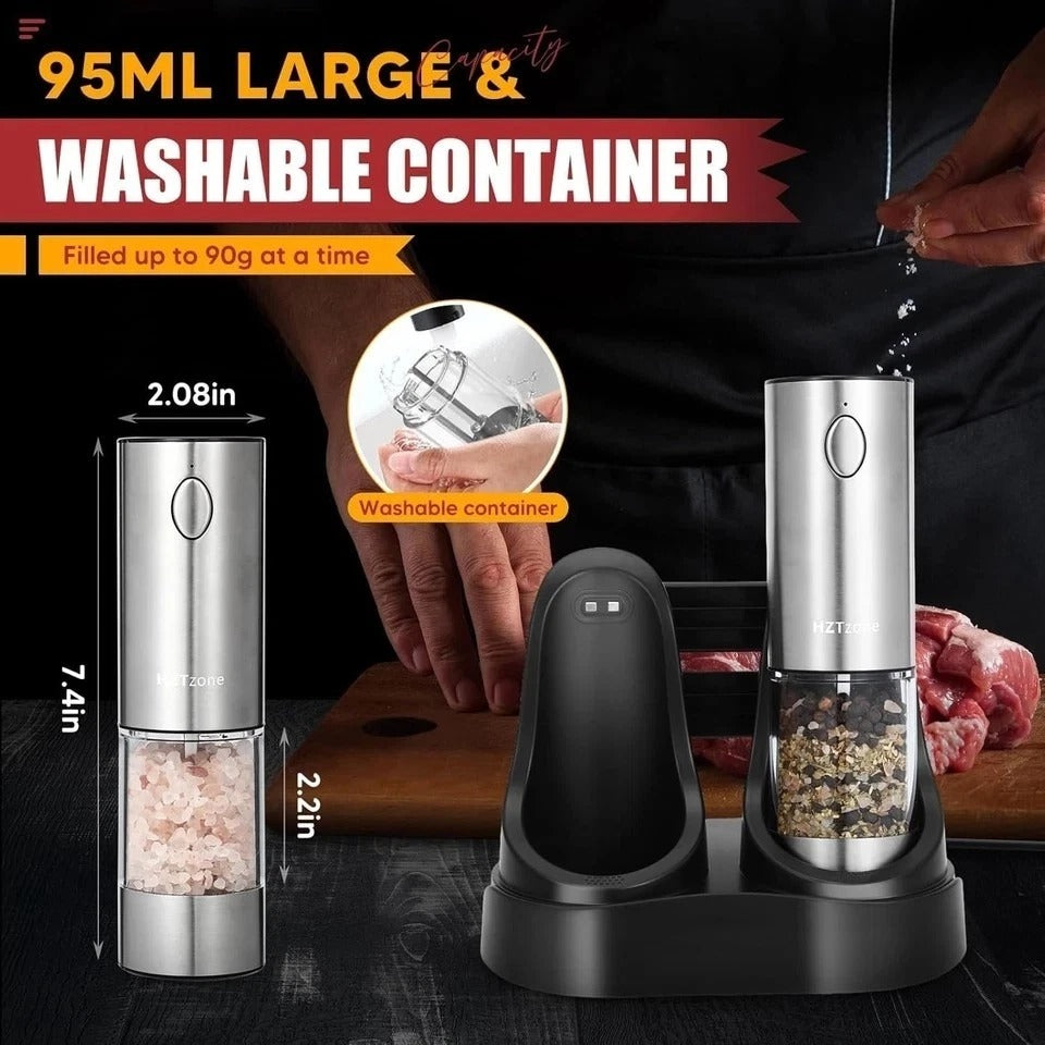 Electric Salt and Pepper Grinder Set with Charging Base, Stainless Steel Recharg