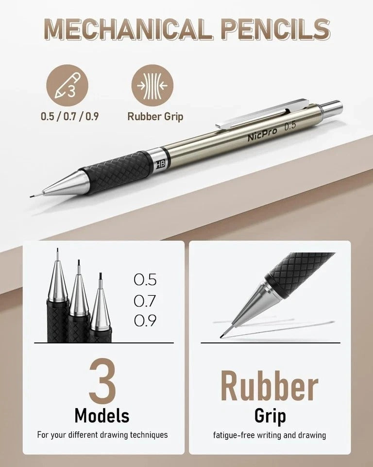 Nicpro 35PCS Art Mechanical Pencil Set, 3 PCS Metal Drafting Pencil 0.5 mm & 0.7