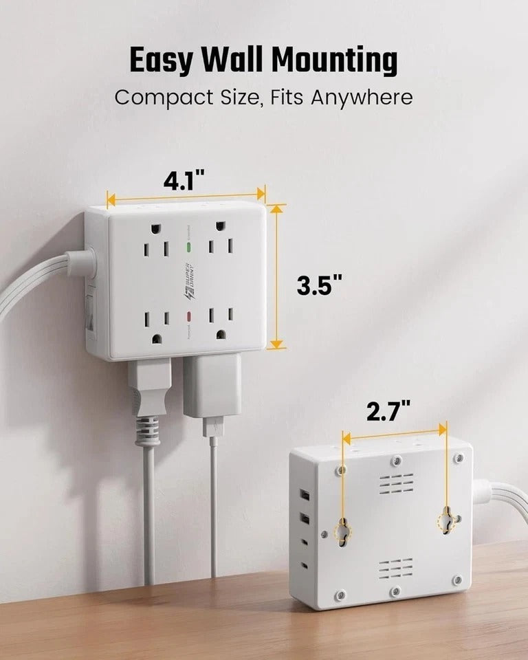 10Ft Extension Cord with Multiple Outlets, Flat Plug Surge Protector Power Strip