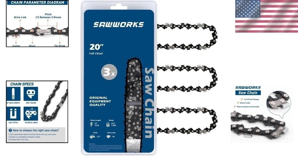 20 Inch Chainsaw Bar and Chains, .050'' Gauge .325" Pitch 78DL Fits Echo CS-490/
