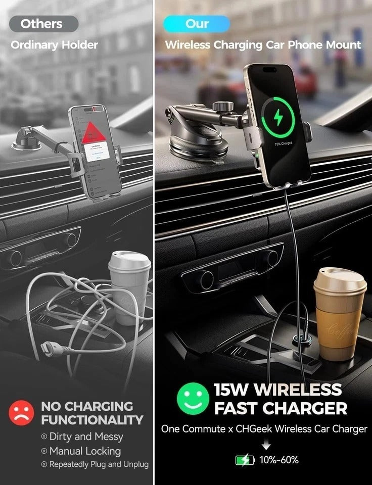 Chgeek Wireless Car Charger with Phone Holder Mount, 15W Fast Charging Auto Clam