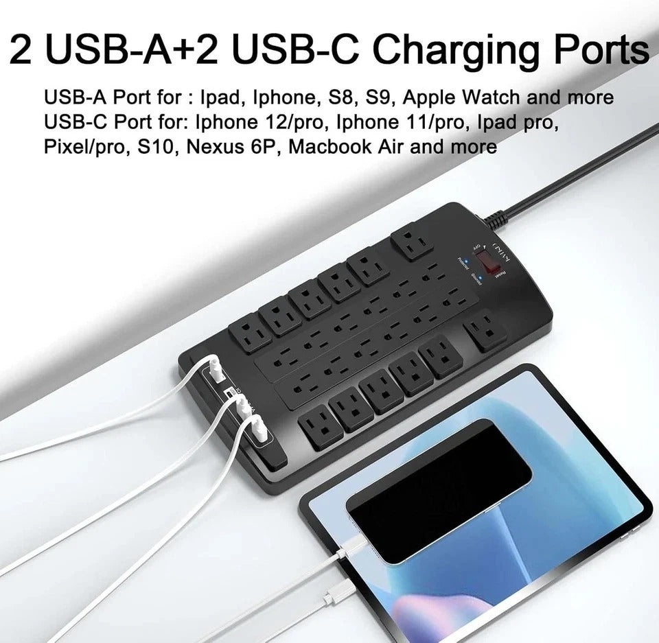 Surge Protector Power Strip - 6Ft Flat Plug Heavy Duty Extension Cord with 24 Ou