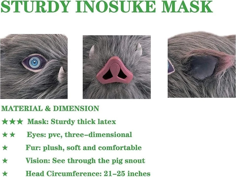 Inosuke Mask, Demon Boar Mask Full Head, Grey