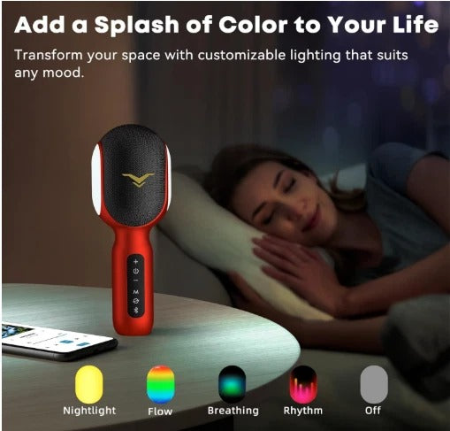 Micrófono inalámbrico Bluetooth para karaoke, altavoz portátil 5 en 1, luces RGB